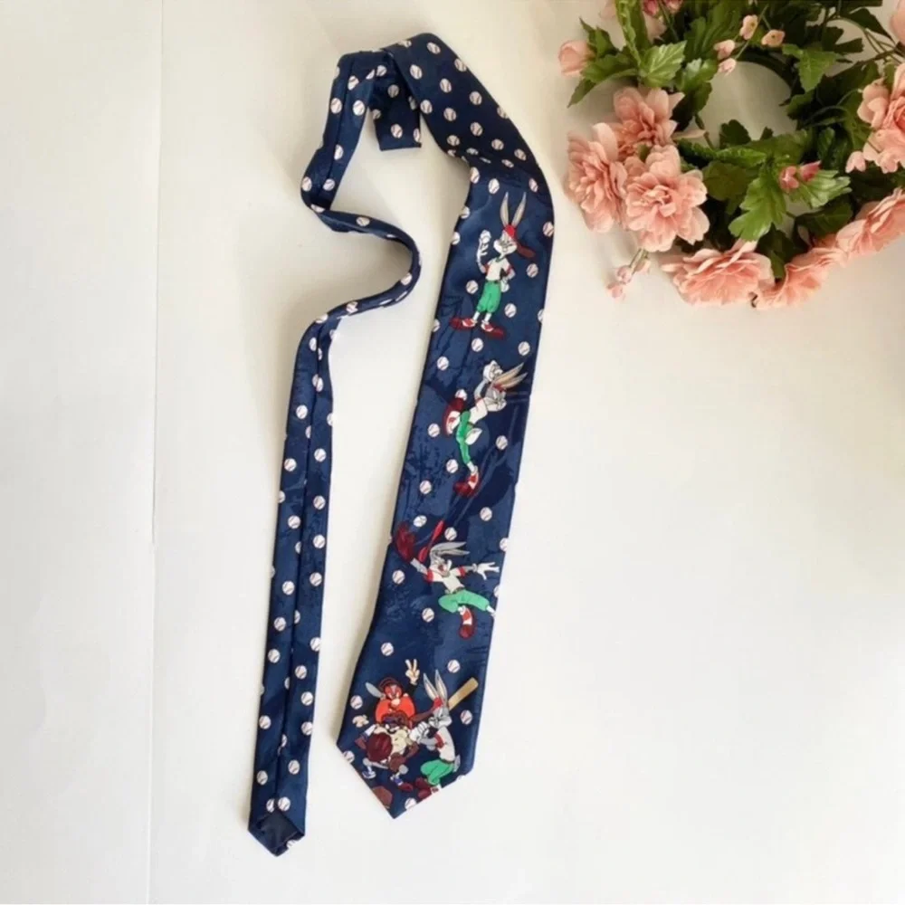 Vintage 1994 Looney Tunes Mania Blue Baseball Characters Printed Necktie
